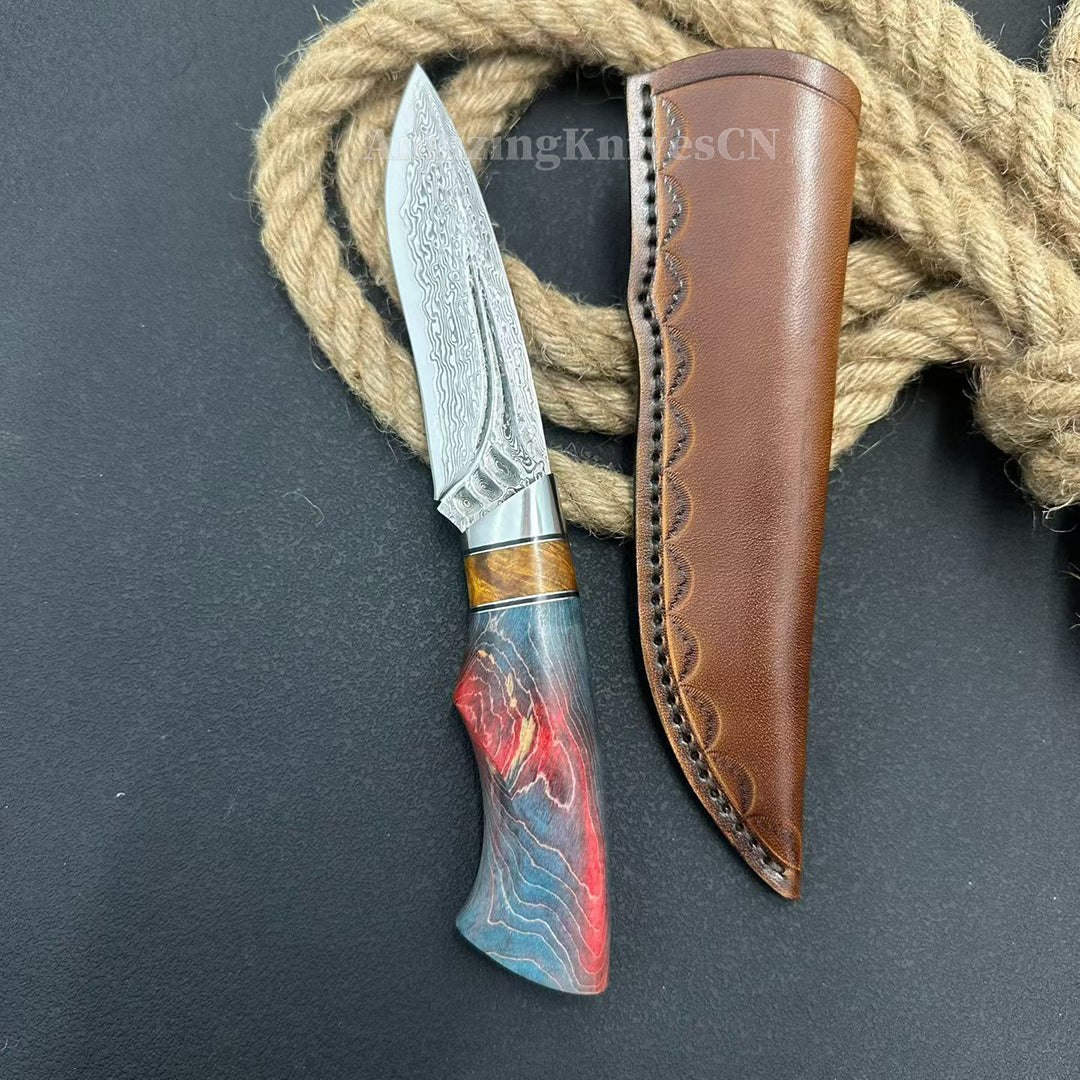 Handcrafted Damascus Vg10 Hunting Knife Survival Fixed Blade With Leather Sheath - AK-HT0935-S