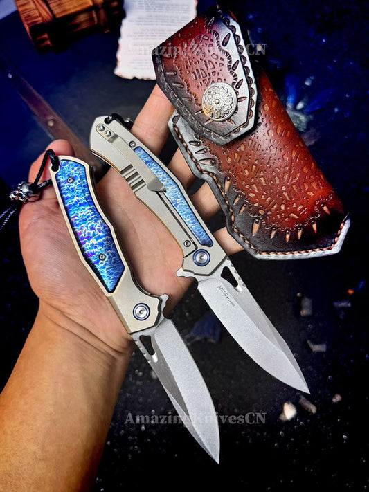 Premium M390 Folding Knife – TC4 Titanium Handle, Brushed & Stonewashed Blade, Ball Bearing System - AK-HT1038