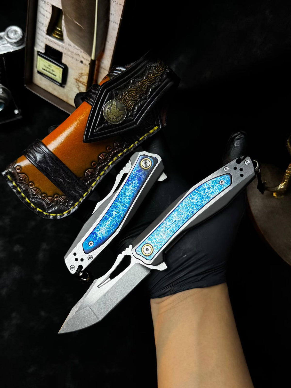 M390 Premium Folding Knife – Titanium Lightning Inlay - AK-HT0180