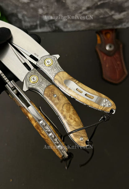 Desolate Horizon Blade – Handcrafted M390 Folding Knife with White Shadow Wood Handle - AK-HT1029