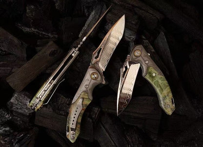 Artisan Folding Knife – Copper-Infused 67-Layer Damascus Steel, Stabilized Wood Handle - AK-HT1046