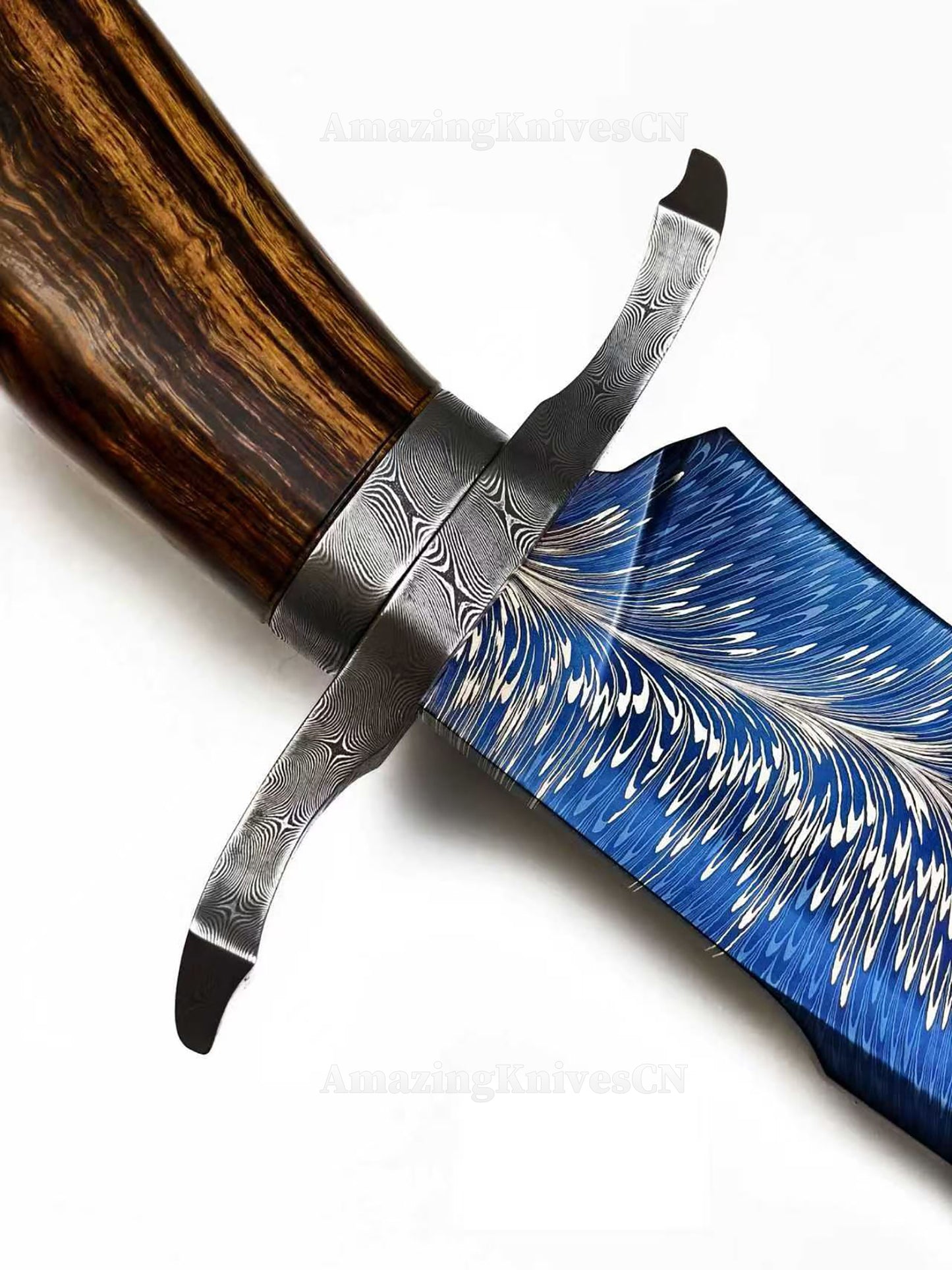 Top Tier Collectible Handforged Feather Damacus Steel Bowie Knife Desert Ironwood Handle with Leather Sheath - AK-HT1027