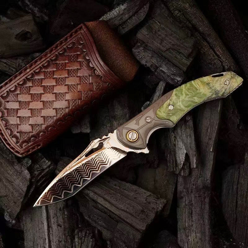 Artisan Folding Knife – Copper-Infused 67-Layer Damascus Steel, Stabilized Wood Handle - AK-HT1046