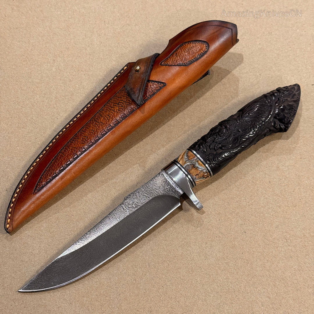 Wootz Steel Hunting Knife Survival Bowie Ironwood Handcrafted Tiger Pattern - AK-HT0923