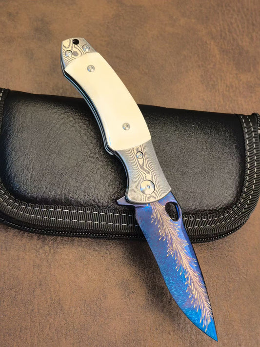 Hand-Forged Feather Damascus Folding Knife with Bone Handle - AK-HT1060