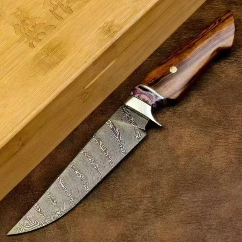 Swedish Steel Damascus Fixed-Blade Knife – Twisted Damascus Pattern, Mammoth Molar Fossil & Desert Ironwood Handle - AK-HT1072