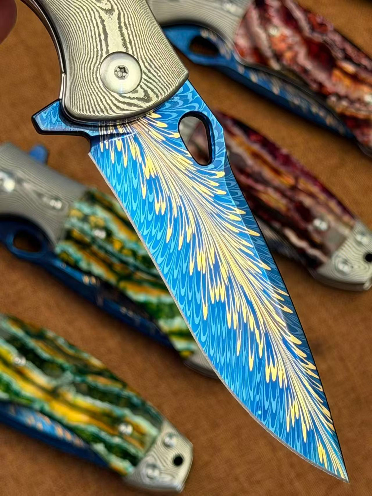 Feather Damascus Steel Folding Knife Mammoth Molar Fossil Handle - AK-HT1041 - R