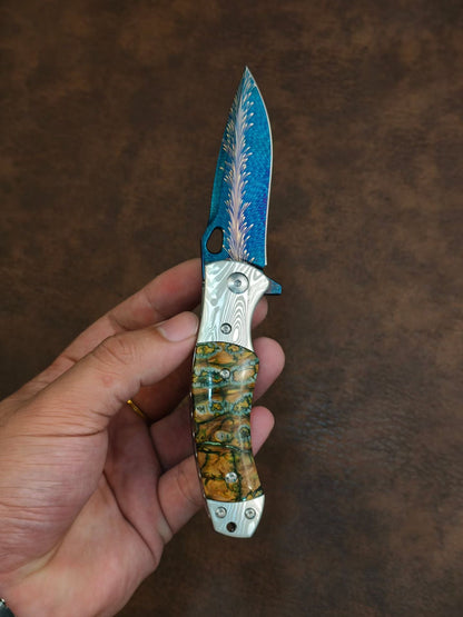 Feather Damascus Steel Folding Knife Mammoth Molar Fossil Handle - AK-HT1041