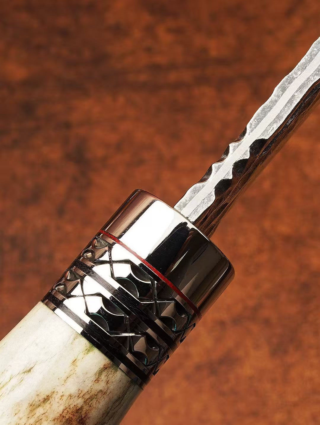 Handcrafted Hunting Knife – VG10 Damascus 67-Layer Steel, Deer Antler Handle, Artisan Leather Sheath - AK-HT1034