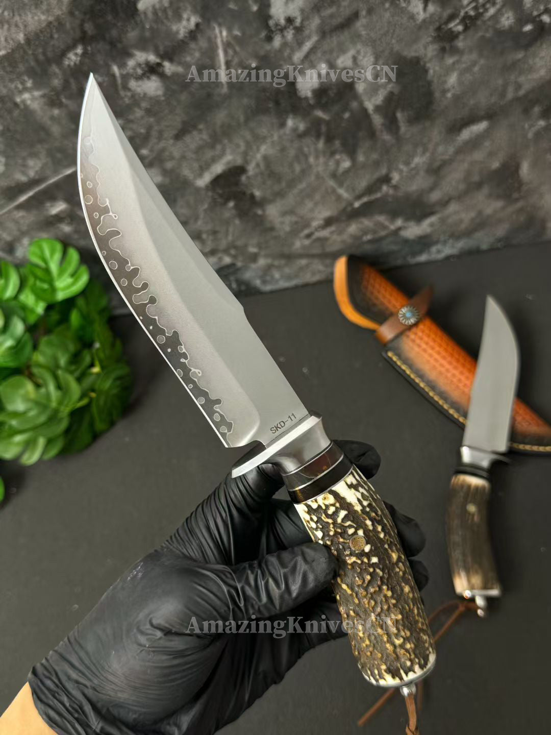 Handmade Japanese Skd-11 Steel Hunting Knife Survival Bowie Knife Full Tang Horn Handle - AK-HT0830