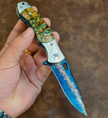 Feather Damascus Steel Folding Knife Mammoth Molar Fossil Handle - AK-HT1041