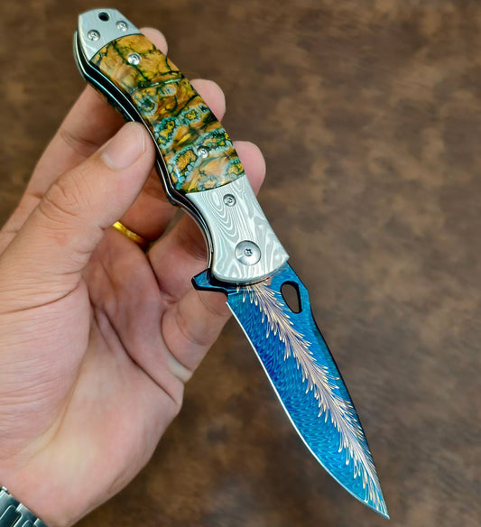 Feather Damascus Steel Folding Knife Mammoth Molar Fossil Handle - AK-HT1041