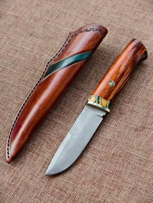 VG10 Damascus Fixed Blade Knife – Rosewood & Mammoth Molar Fossil Handle - AK-HT1051