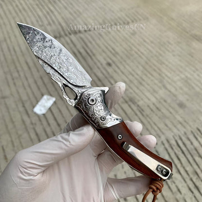 VG10 Damascus Steel Pocket Knife Desert Ironwood Handle Ball Bearing with Clip - AK-HT1012