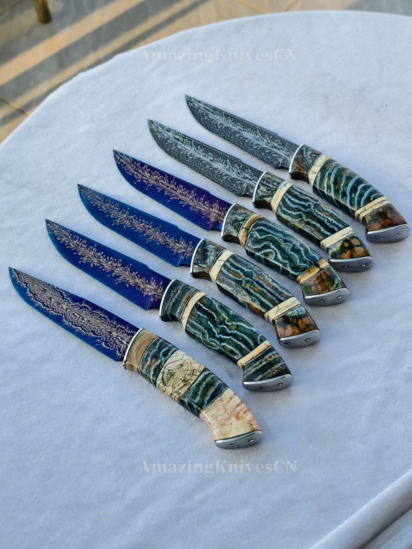 Top Tier Collectible Handforged Feather Damacus Steel Knife Mammoth Molar Fossil with Leather Sheath - AK-HT1026