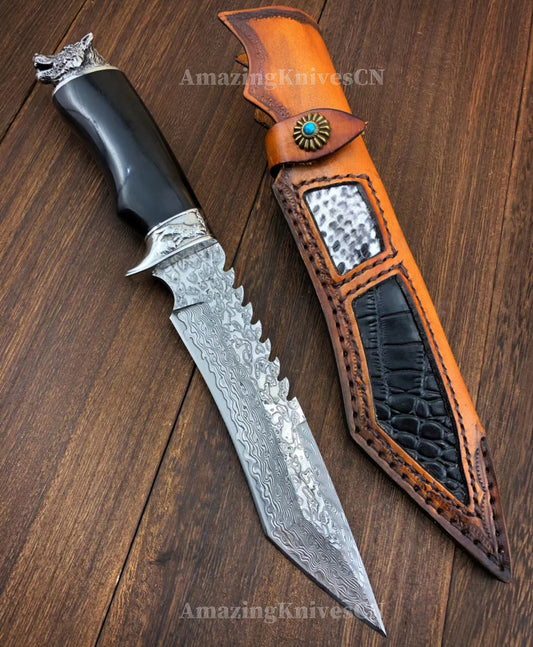 Damascus Steel Hunting Knife Bowie Survival Fixed Blade Handcrafted Wolf Head - AK-HT0463