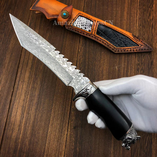Damascus Steel Hunting Knife Bowie Survival Fixed Blade Handcrafted Wolf Head - AK-HT0463