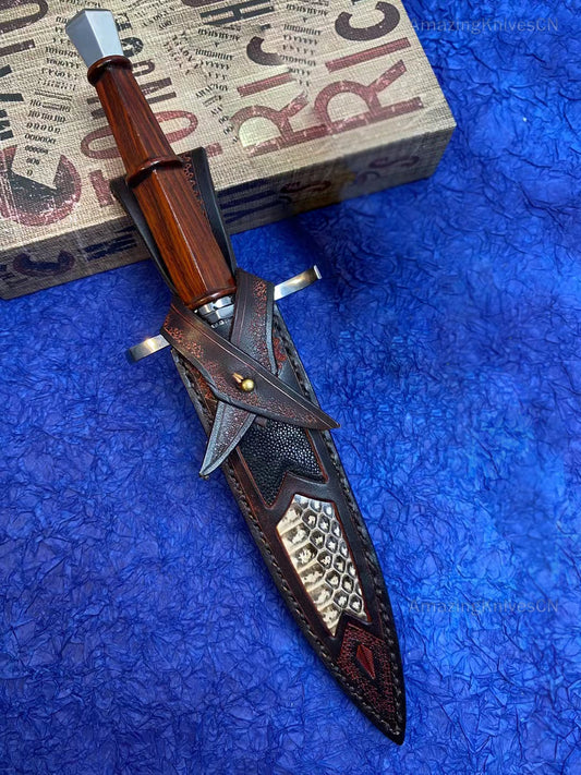 Damascus Dirk Outdoor Survival Hunting Knife Army Sword Fixed Blade Dagger - AK-HT0665