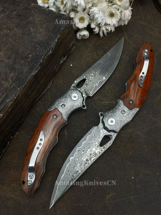 Handmade 78-Layer Damascus Steel Pocket Knife Rosewood Handle Ball Bearing Pivot - AK-HT1004