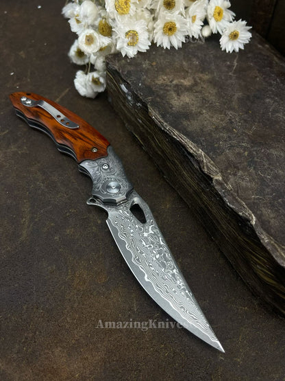 Handmade 78-Layer Damascus Steel Pocket Knife Rosewood Handle Ball Bearing Pivot - AK-HT1004