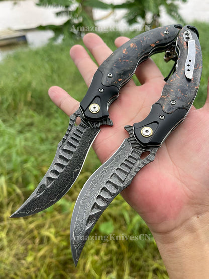 "Abyss" Folding Knife – VG10 Damascus Steel, Carbon Fiber Handle, Ball Bearing Pivot, Collector’s Edition - AK-HT1003
