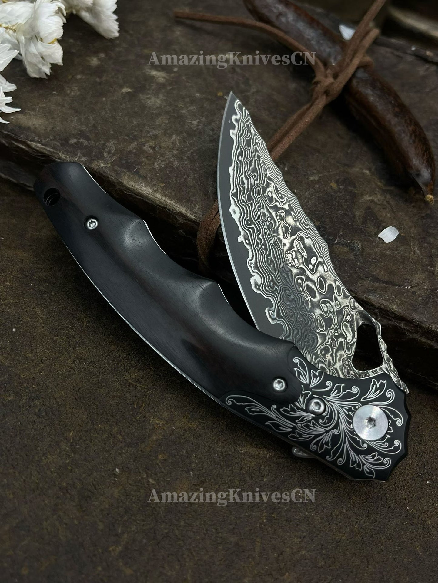 Handmade Damascus Steel Pocket Knife Ebony Wood Handle Ball Bearing Pivot - AK-HT1005