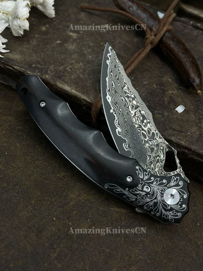 Handmade Damascus Steel Pocket Knife Ebony Wood Handle Ball Bearing Pivot - AK-HT1005