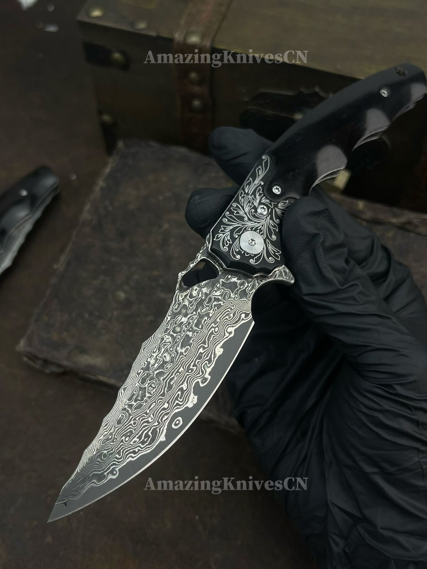Handmade Damascus Steel Pocket Knife Ebony Wood Handle Ball Bearing Pivot - AK-HT1005