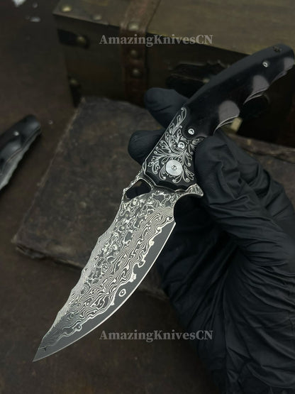 Handmade Damascus Steel Pocket Knife Ebony Wood Handle Ball Bearing Pivot - AK-HT1005