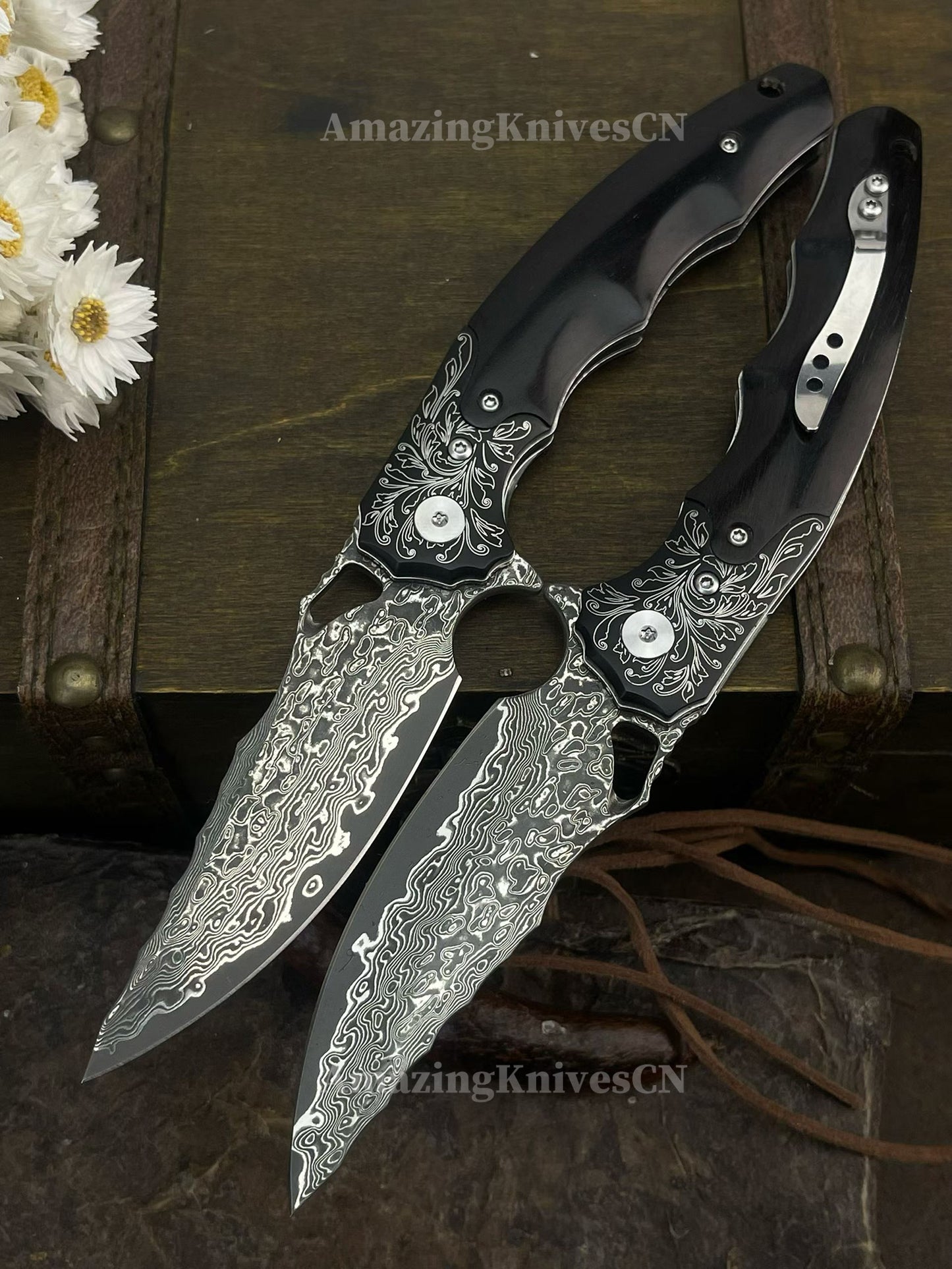 Handmade Damascus Steel Pocket Knife Ebony Wood Handle Ball Bearing Pivot - AK-HT1005