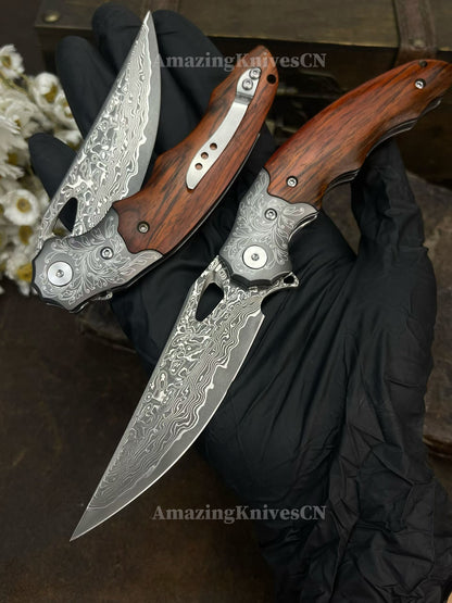 Handmade 78-Layer Damascus Steel Pocket Knife Rosewood Handle Ball Bearing Pivot - AK-HT1004