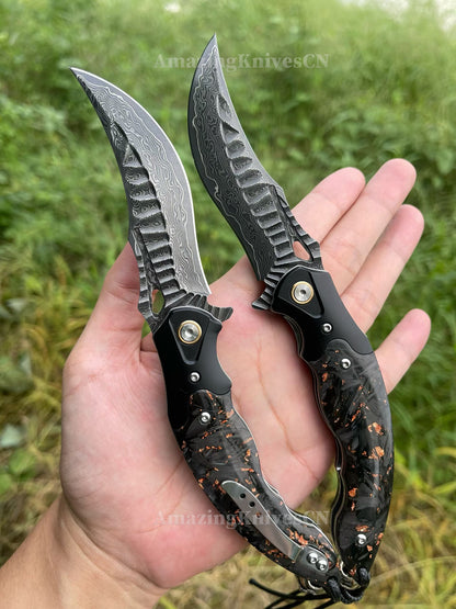 "Abyss" Folding Knife – VG10 Damascus Steel, Carbon Fiber Handle, Ball Bearing Pivot, Collector’s Edition - AK-HT1003