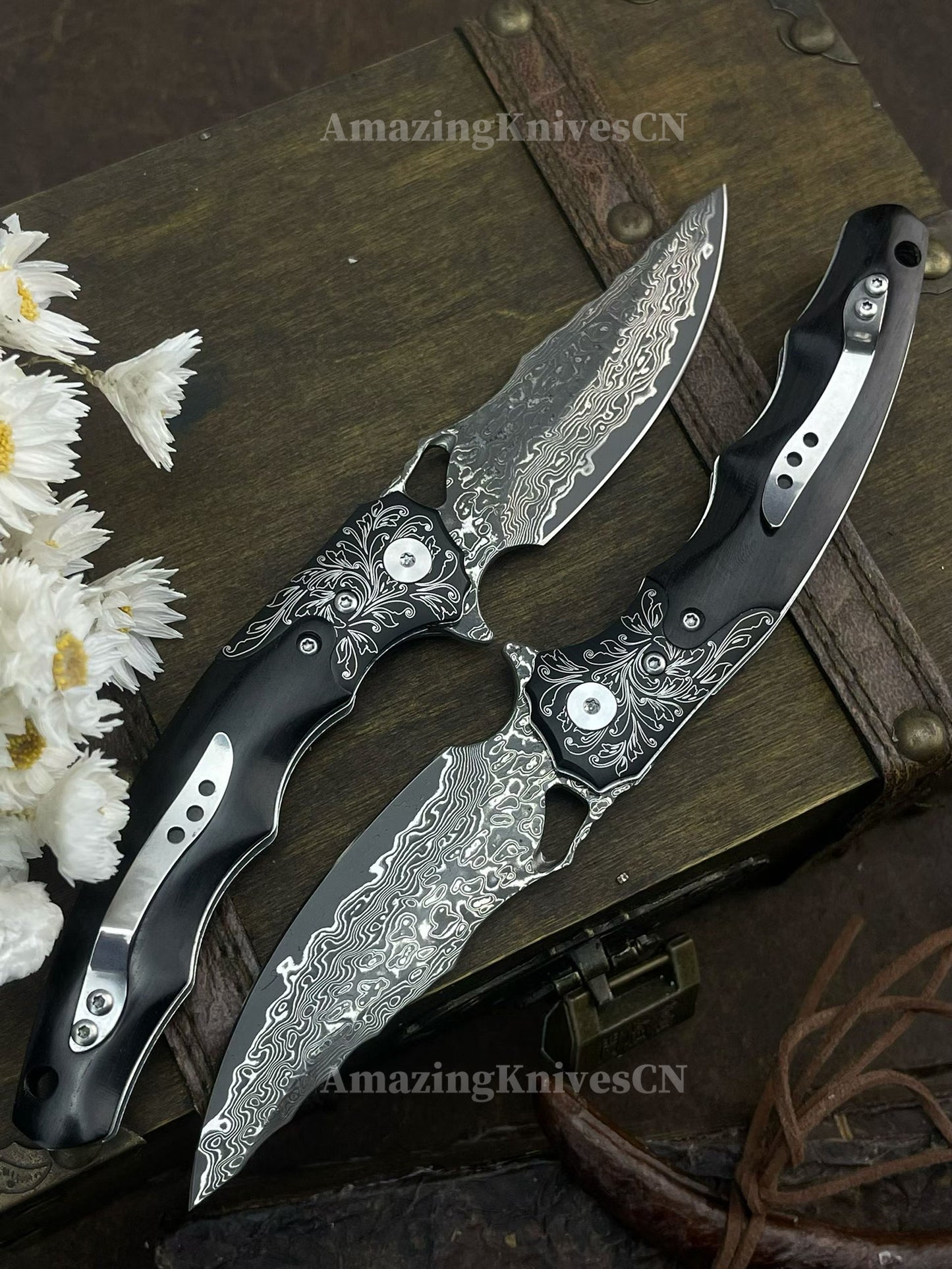 Handmade Damascus Steel Pocket Knife Ebony Wood Handle Ball Bearing Pivot - AK-HT1005