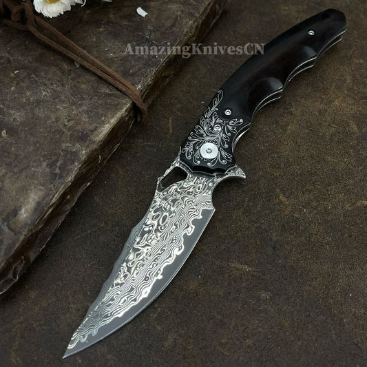 Handmade Damascus Steel Pocket Knife Ebony Wood Handle Ball Bearing Pivot - AK-HT1005