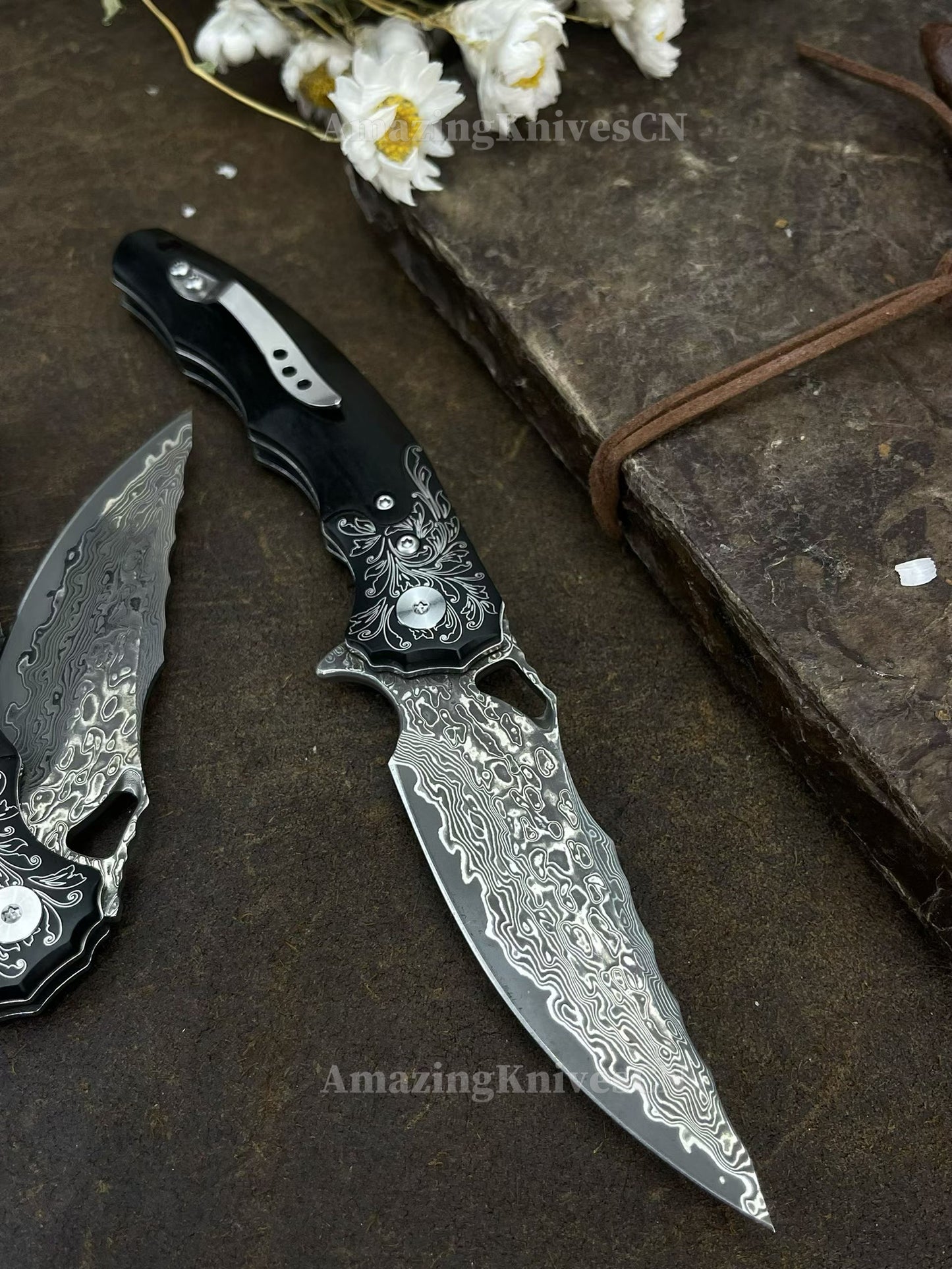 Handmade Damascus Steel Pocket Knife Ebony Wood Handle Ball Bearing Pivot - AK-HT1005