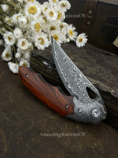 Handmade 78-Layer Damascus Steel Pocket Knife Rosewood Handle Ball Bearing Pivot - AK-HT1004