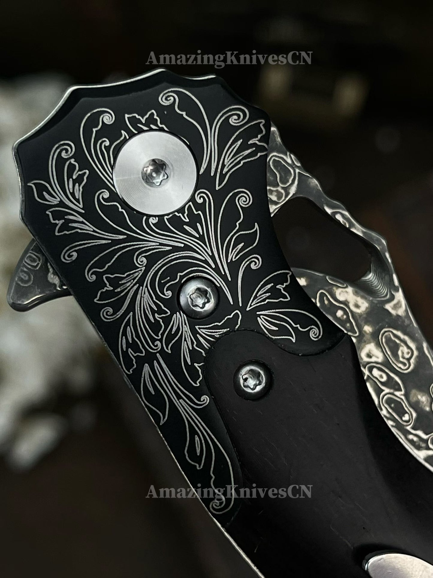 Handmade Damascus Steel Pocket Knife Ebony Wood Handle Ball Bearing Pivot - AK-HT1005