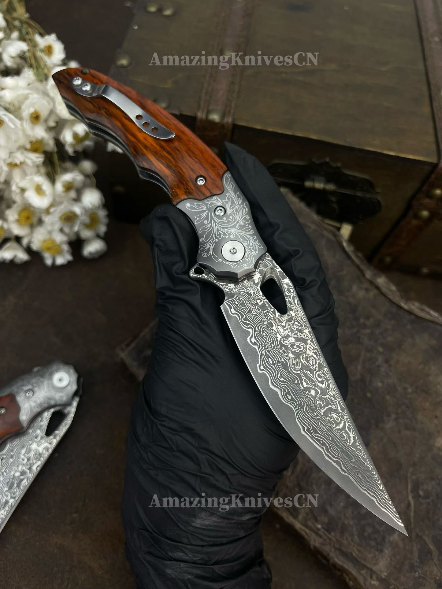 Handmade 78-Layer Damascus Steel Pocket Knife Rosewood Handle Ball Bearing Pivot - AK-HT1004