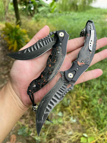 "Abyss" Folding Knife – VG10 Damascus Steel, Carbon Fiber Handle, Ball Bearing Pivot, Collector’s Edition - AK-HT1003