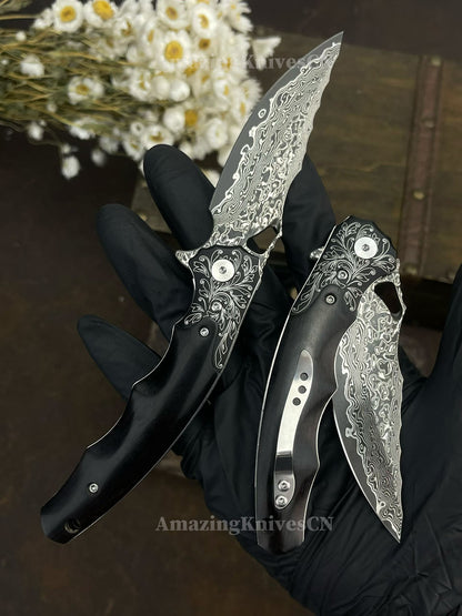 Handmade Damascus Steel Pocket Knife Ebony Wood Handle Ball Bearing Pivot - AK-HT1005