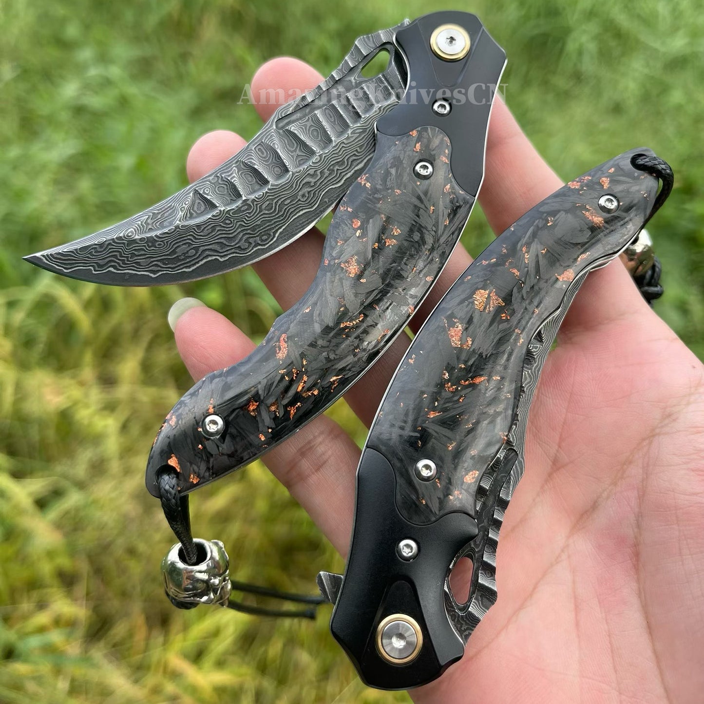 "Abyss" Folding Knife – VG10 Damascus Steel, Carbon Fiber Handle, Ball Bearing Pivot, Collector’s Edition - AK-HT1003