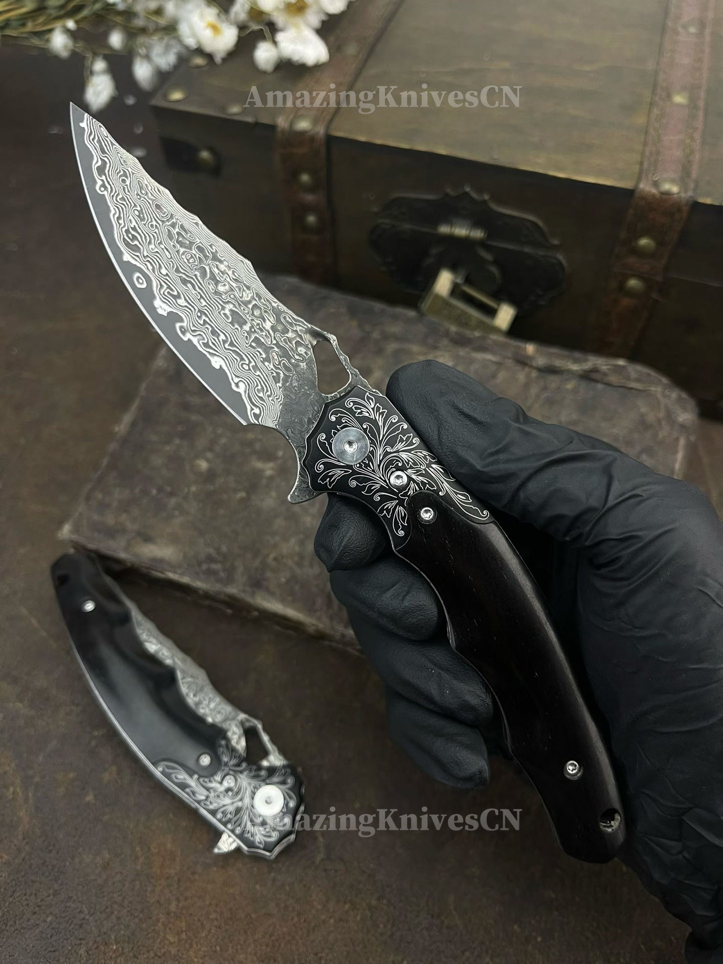 Handmade Damascus Steel Pocket Knife Ebony Wood Handle Ball Bearing Pivot - AK-HT1005