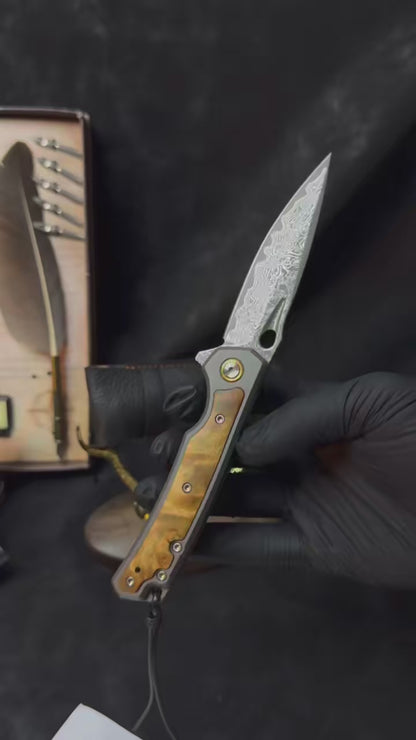 Handcrafted Damascus Folding Knife – Titanium & White Shadow Wood Handle - AK-HT0181
