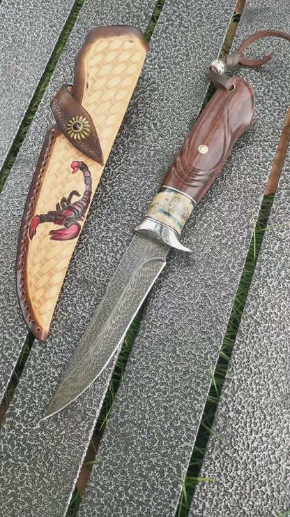 Collectible Luxury Damascus Steel Knife Feather Pattern Hunting Knife Outdoor - AK-HT0854