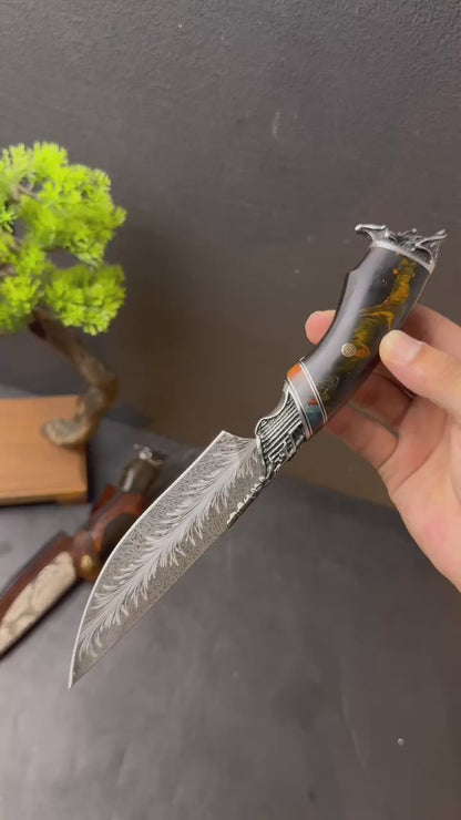 Collectible Feather Damascus Knife with Handmade Italian Snakeskin Leather Sheath - AK-HT1007