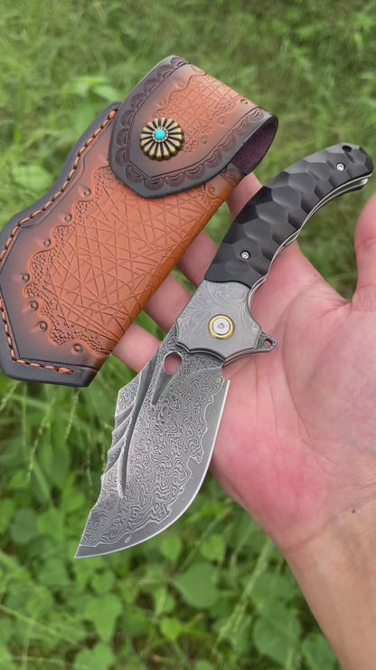 Heavy-Duty Damascus Folding Knife – VG10 Bearing Quick-Open, Ebony Handle, Collectors’ Edition - AK-HT1008