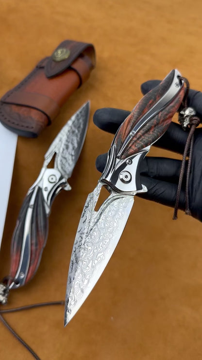 Polished Damascus Steel Folding Knife Pocket Knives Ball Bearing Wood Sheath - AK-HT0682