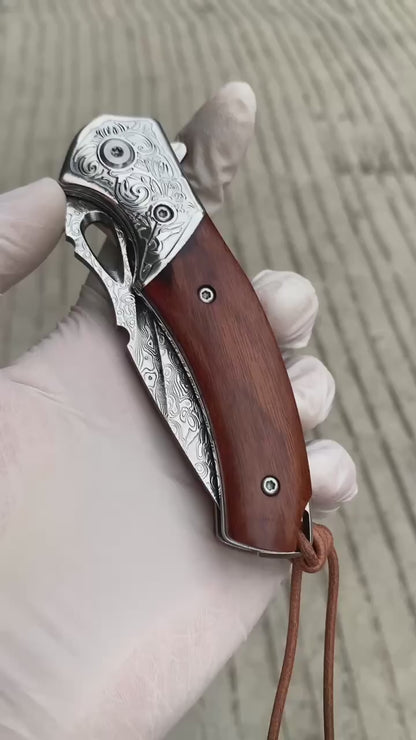 VG10 Damascus Steel Pocket Knife Desert Ironwood Handle Ball Bearing with Clip - AK-HT1012