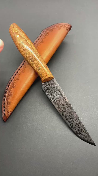 VG10 Damascus Utility Knife Paring Knife Fixed Blade Ebony Handle w/ Sheath - AK-HT0912