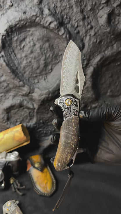 Hand-Forged 78-Layer Damascus Folding Knife – Stabilized Wood Handle - AK-HT0179
